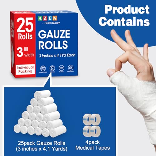AZEN 25 Pack Gauze Rolls Bandages, 3 in x 4.1 Yards, Premium - Product Imagery