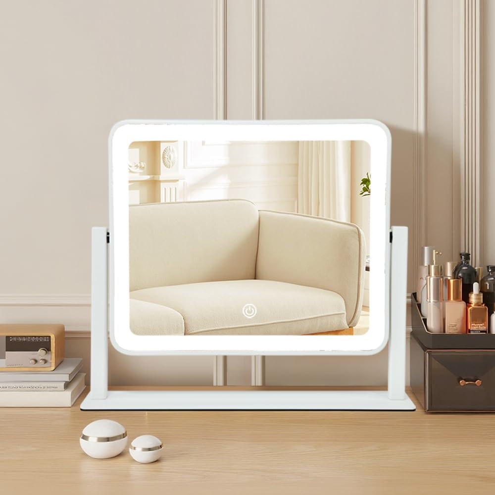 YEKKOPT Rechargeable Vanity Mirror with Lights, 12"×14" LED Makeup Mirror, Smart Touch Control, 3 Color Lighting