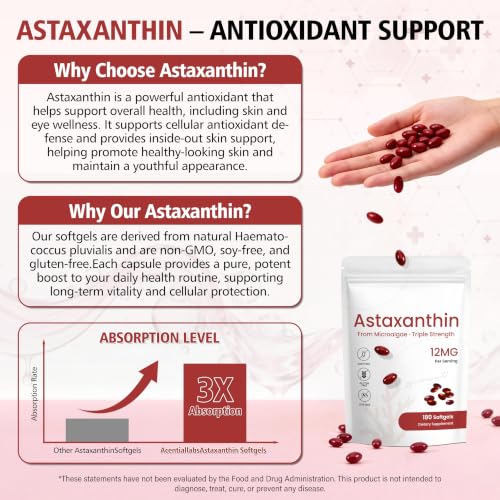 Astaxanthin 12mg Supplement, 180 Softgels, 6 Month Supply - Product Imagery
