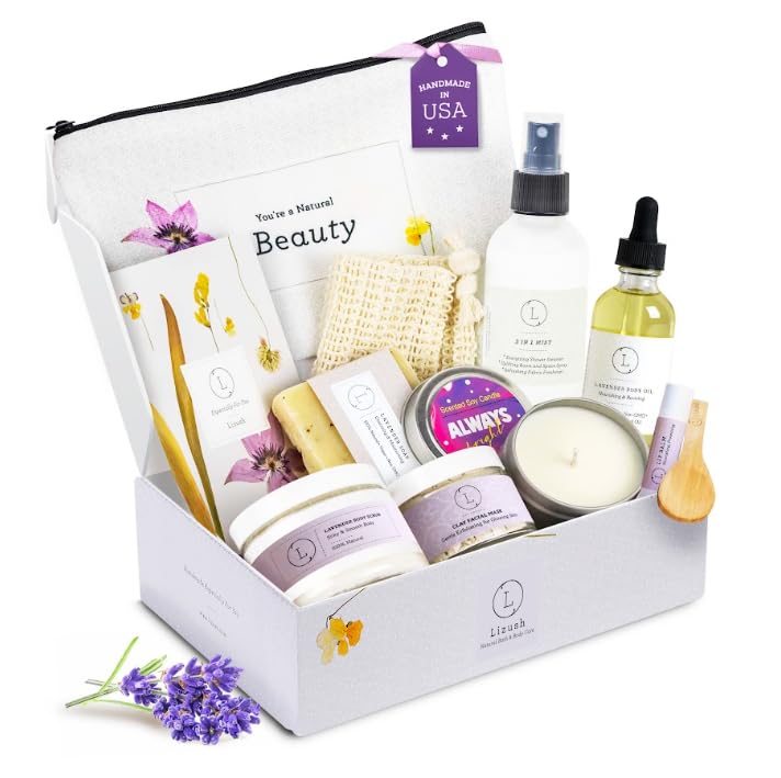 Lizush Luxury Spa Gifts for Women - 9 Piece Lavender Gifts for Her, Gift Baskets, Body Care Set for Mom, Birthday Box Fo