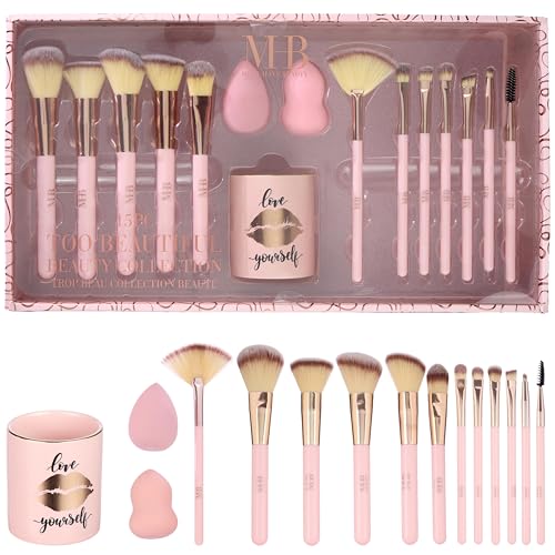 EXPRESSIONS 15pc Pro Beauty Brush Set - Makeup Brushes, Beauty Blenders, Spoolie – Pink, Synthetic