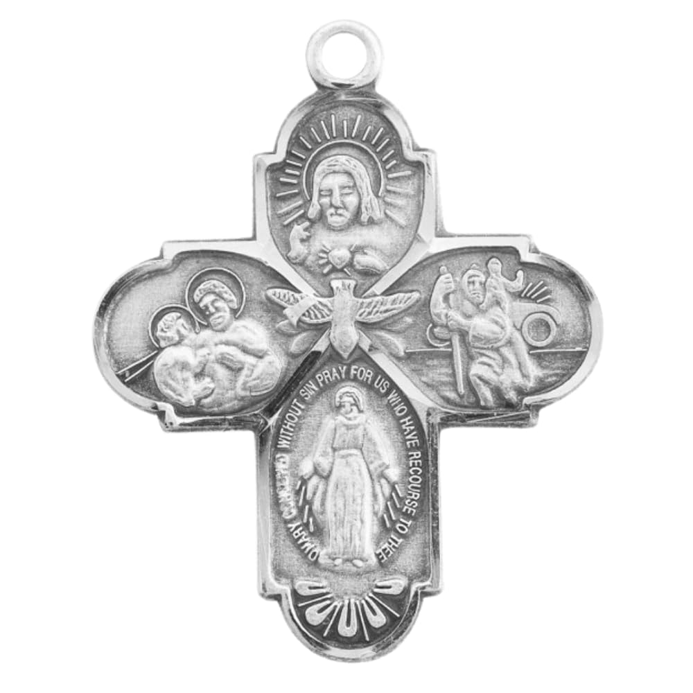 Everlasting Light Jewelry Women's .925 Sterling Silver 4- Way Medal with Holy Spirit, 18 InchRhodium Plated Stainless St