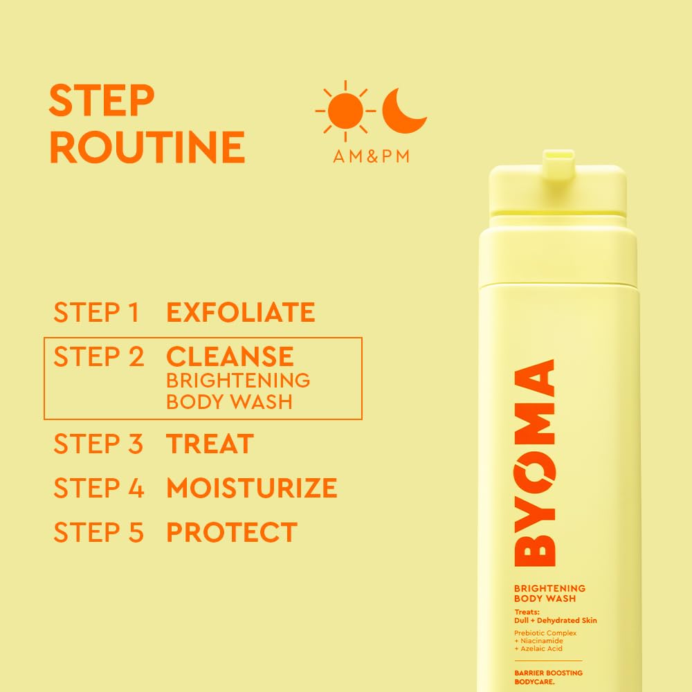 BYOMA Brightening Body Wash in a pump bottle, displaying creamy texture and fresh, clean appearance for skin cleansing.