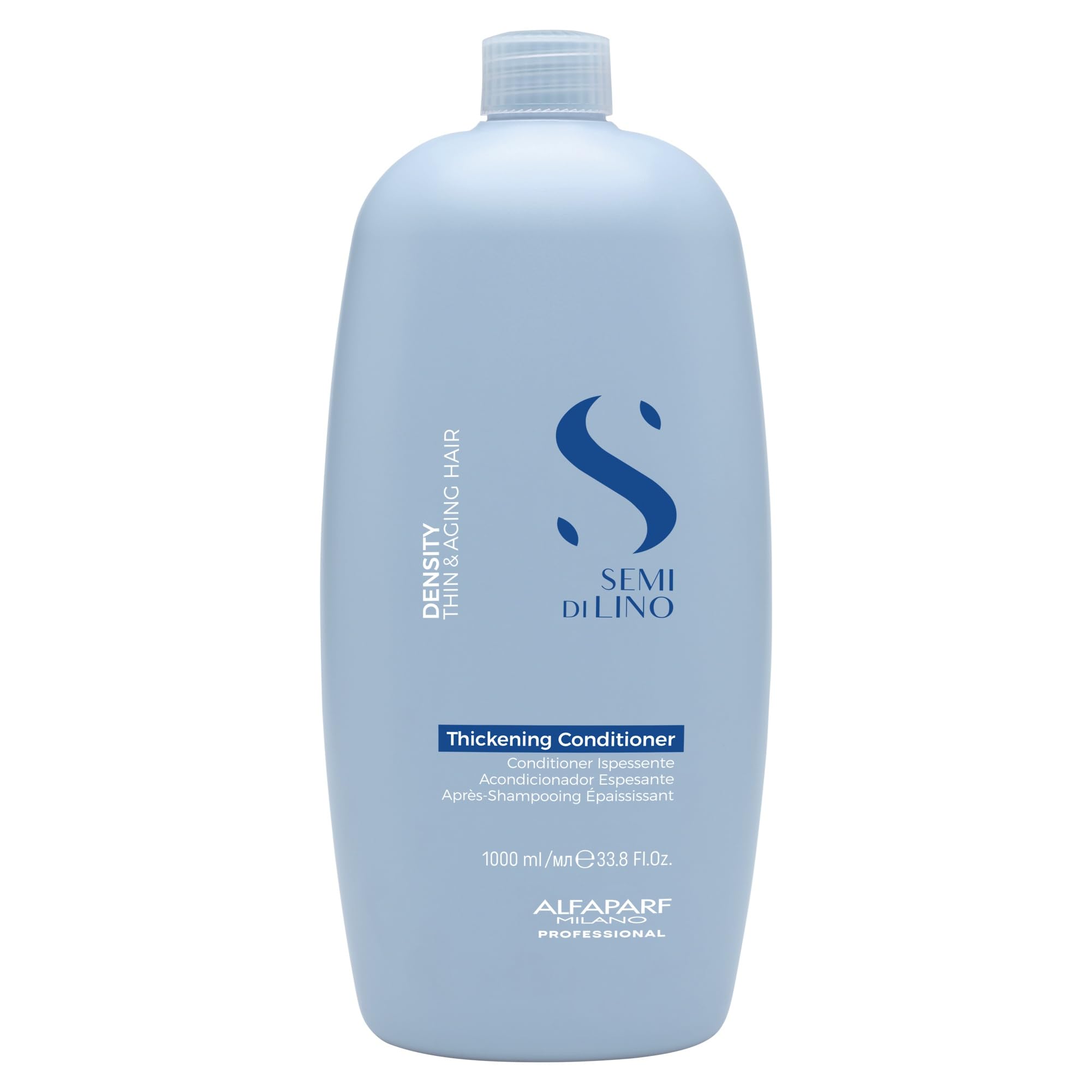 Alfaparf Milano Semi Di Lino Density Conditioner bottle, 33.8 fl oz, for adding volume and nourishing hair.
