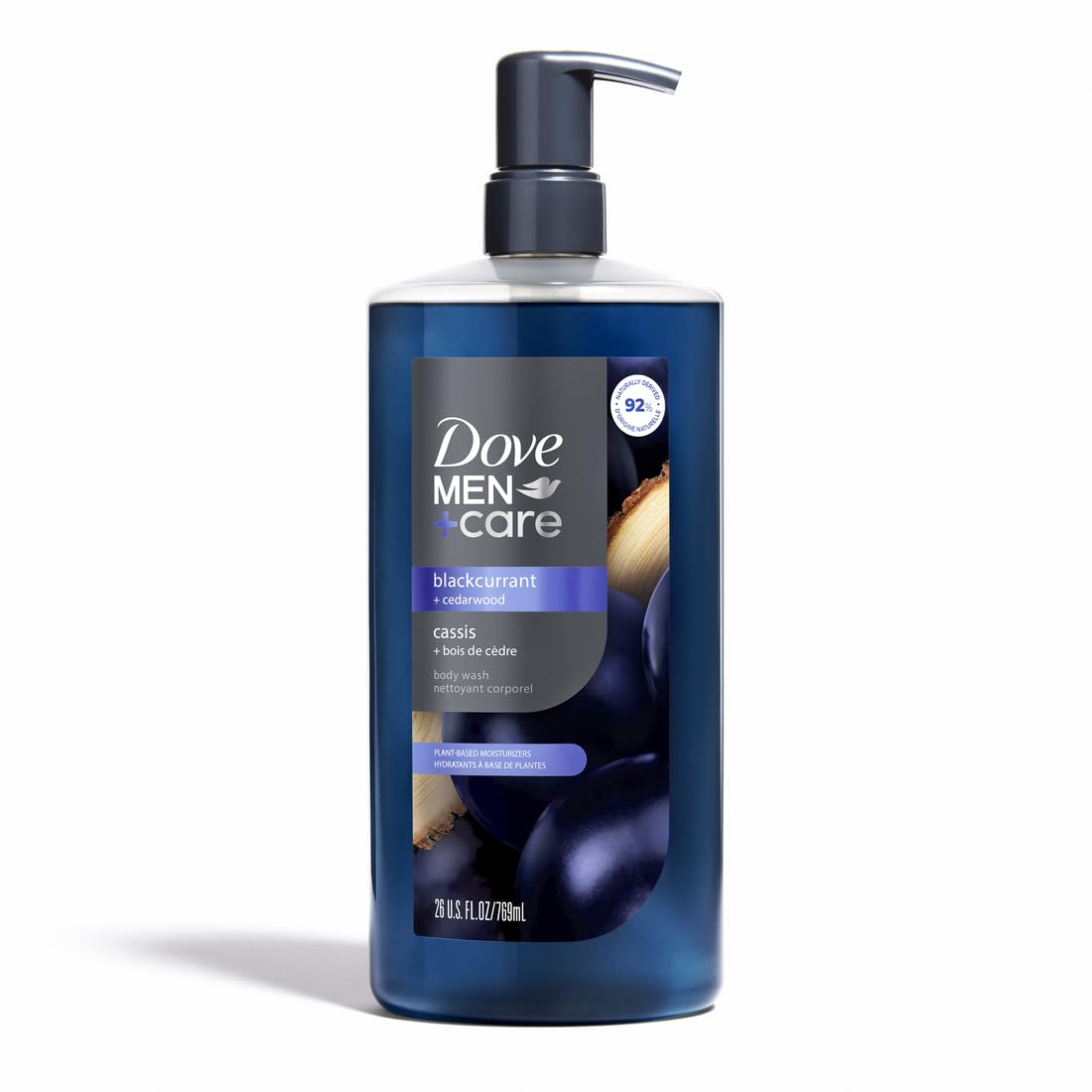 Dove Men+Care Blackcurrant & Cedarwood body wash in 26oz bottle with dark purple and cedarwood branding, lathered on skin.