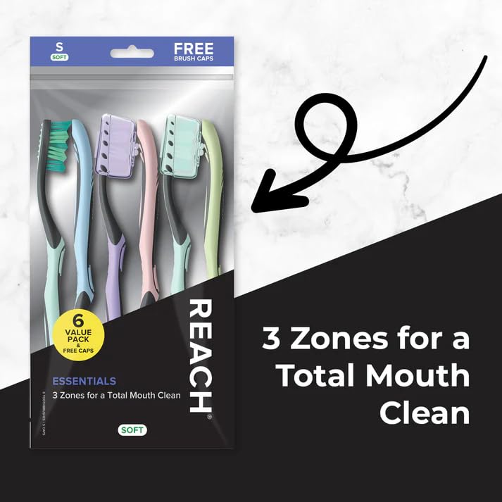 Reach Essentials Soft Toothbrushes with Toothbrush Caps, 6 Count - Product Imagery