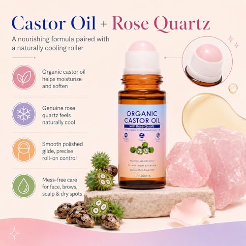 Organic Castor Oil Rose Quartz Roller Ball – 100% Cold Pressed - Product Imagery