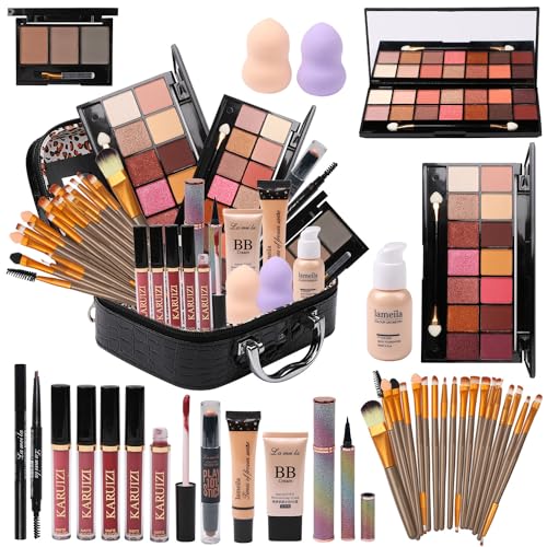 KARUIZI All in One Makeup Kit Full Kit Multipurpose Essential with Eyeshadow Palette,Lip Gloss,Foundation,Mascara,Eyebro