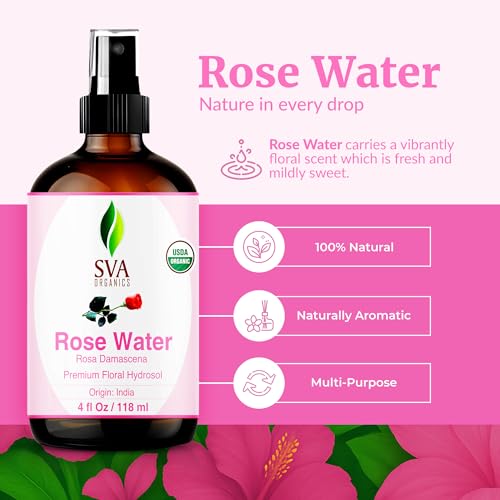SVA ORGANICS Rose Water, Glass Bottle with Spray, 4 Fl Oz (118 - Product Imagery