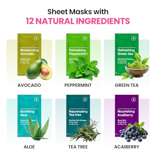 GLAM UP Korean Facial Sheet Mask 12 Pack – Hydrating Glass Skin - Product Imagery