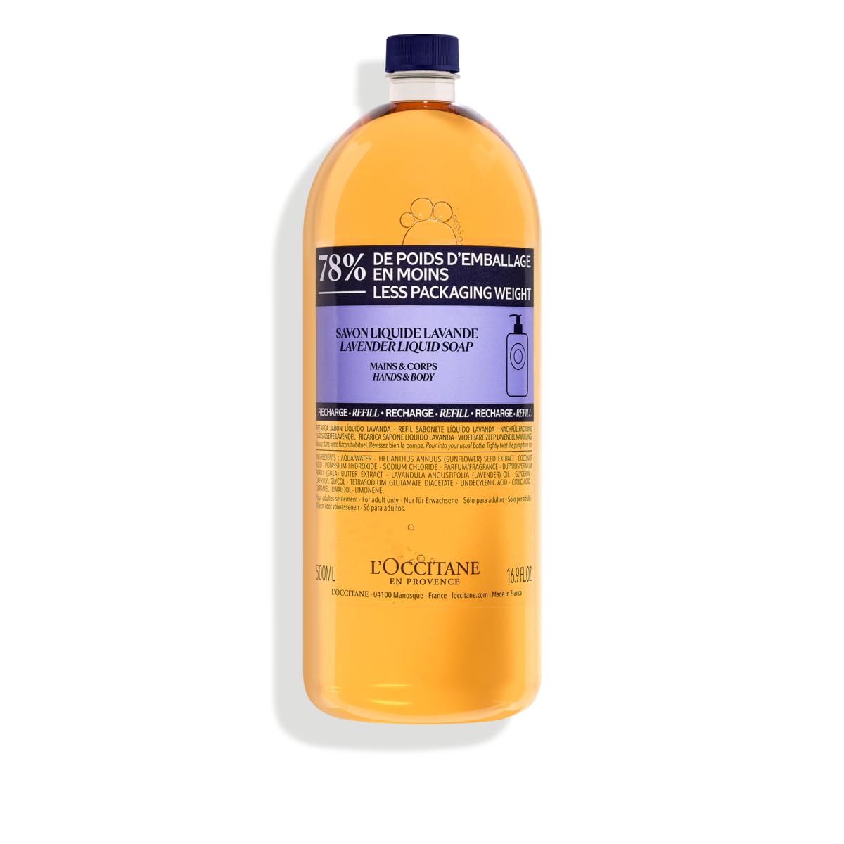 L'Occitane Shea Butter Extra-Gentle Hand & Body Liquid Soap, Moisturizing – back view and specifications