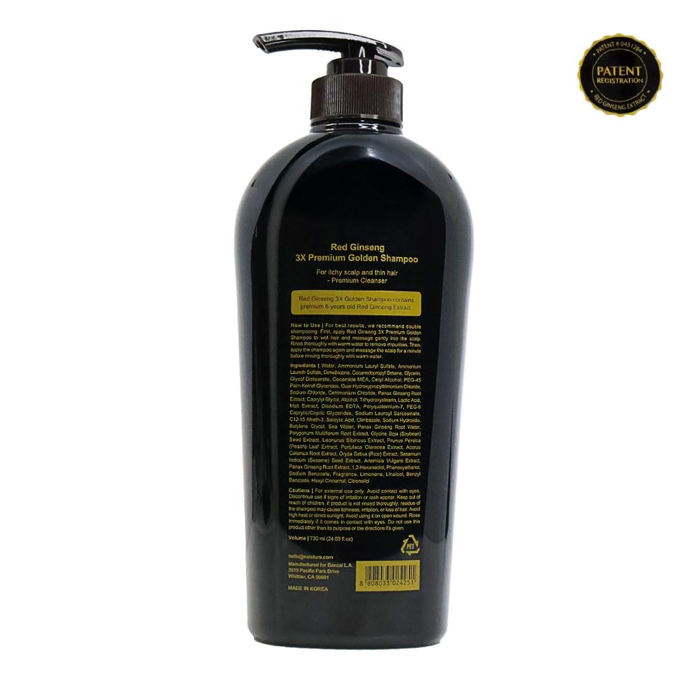 Naisture Red Ginseng 3X Golden Shampoo for hair regrowth, 730ml bottle, nourishing and invigorating scalp treatment.