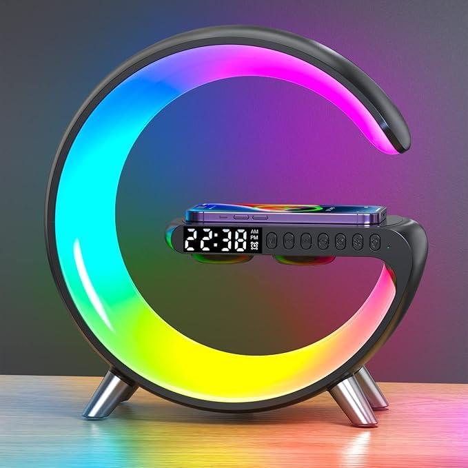 VDZZ Smart LED Table Lamp,4-in-1 Wireless Charger with Speaker,Night Light, Alarm Clock, and Bluetooth Speaker with App 