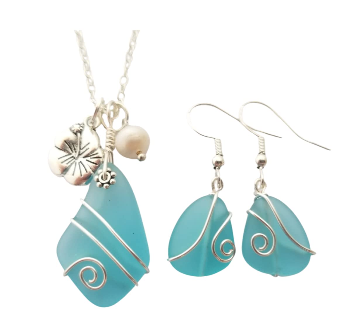 Wire wrapped Turquoise Bay blue sea glass necklace earrings - yinahawaii Official Imagery - 2