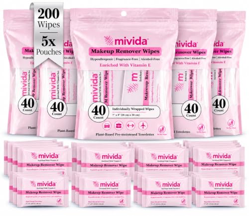 mivida 200ct, 5PacksX40ct Makeup Wipes Individually Wrapped with Vit E | Dermatologist Tested | Bulk Eye & Face Wipes, S