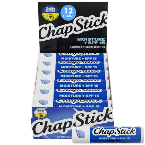 ChapStick Moisture + SPF 15 Bulk Lip Balm Sunscreen 12-Pack, 0.15 Oz Ea – Blue, Paraben Free, 12-Pack