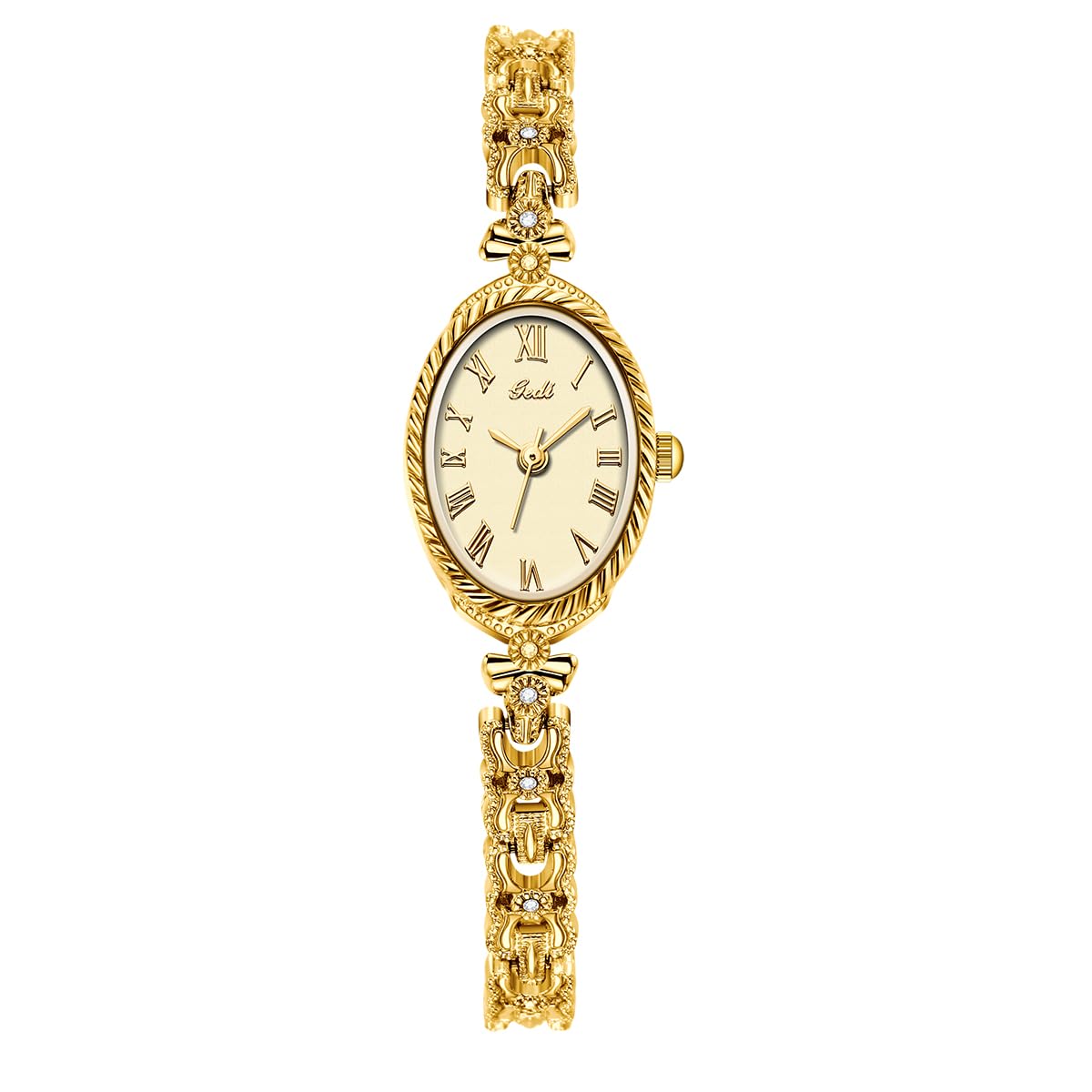 CARLIEN Fashion Vintage Gold Oval Quartz Watches for Women - Alloy Steel Band Slim Bracelet - Roman Numerals Numbers - D