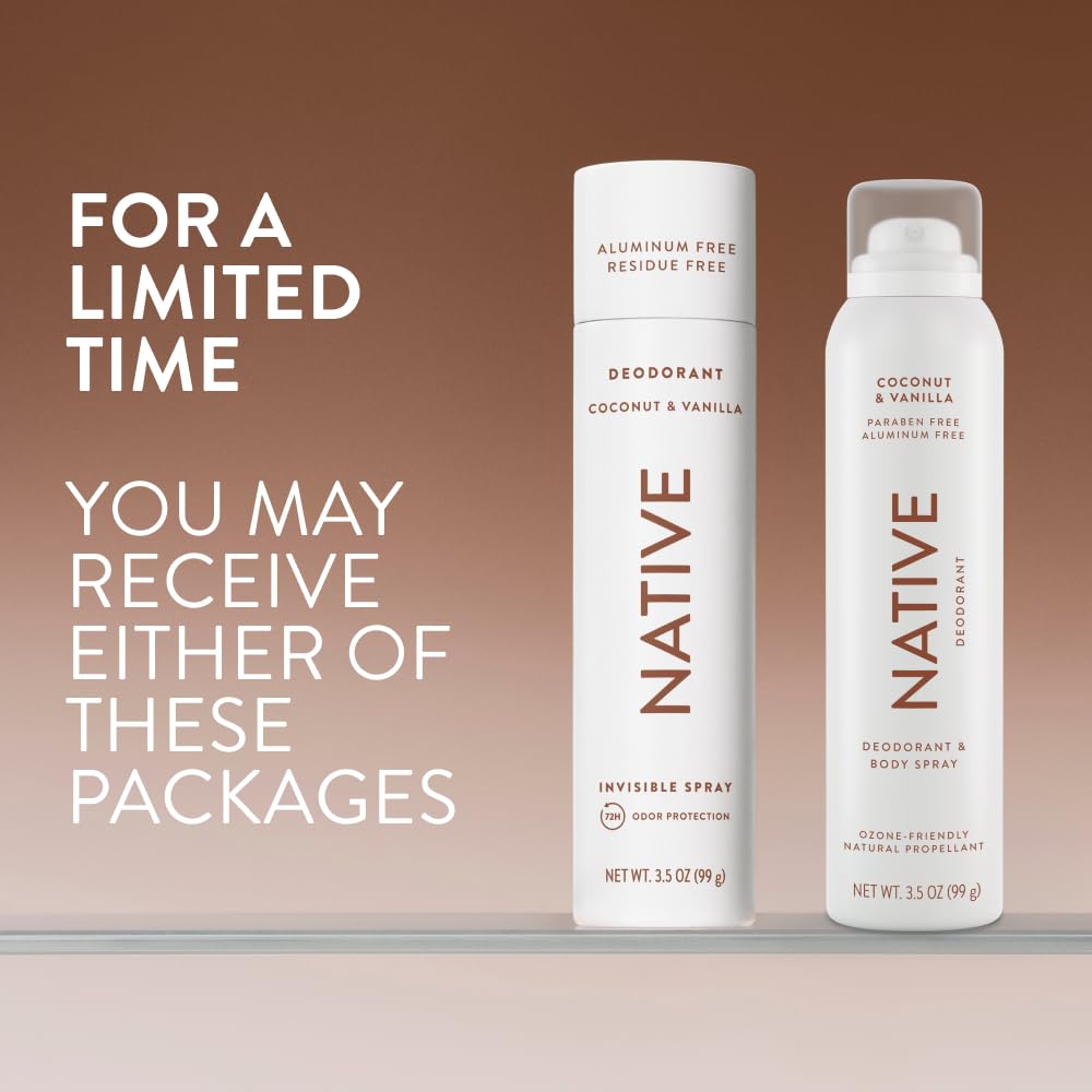Native aluminum-free deodorant body spray in coconut vanilla scent, 3.5oz bottle with a spray nozzle.