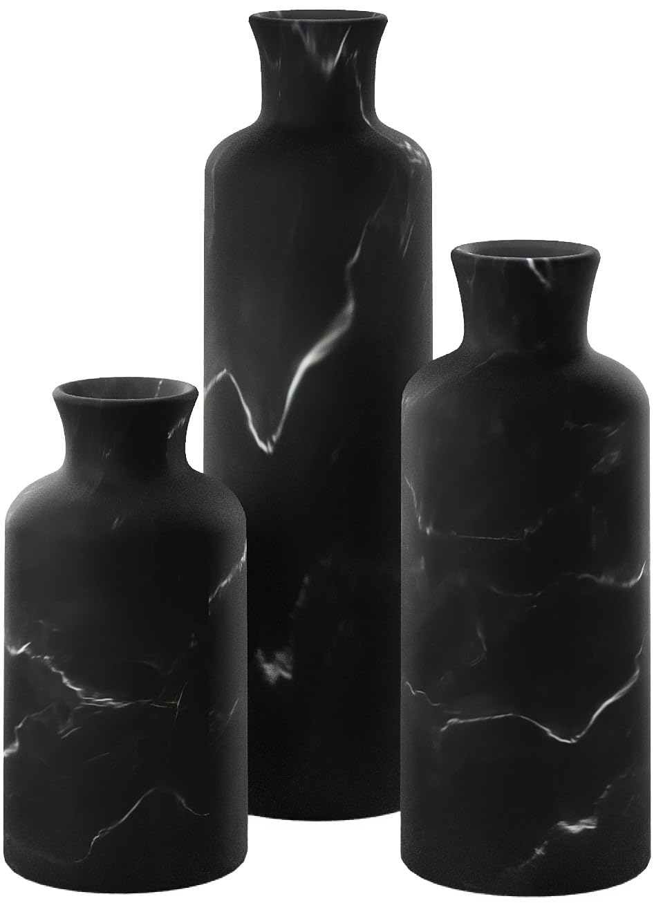 Creative Scents Black Marble Look 3pc Vase Set – Boho Vases for Decor, Modern Vases for Holding Pampas Grass, Dried/Fres