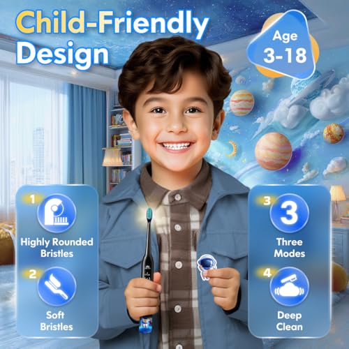 Kids Electric Toothbrush Rechargeable Age 3-5-6-12-18 Year Old, - Product Imagery