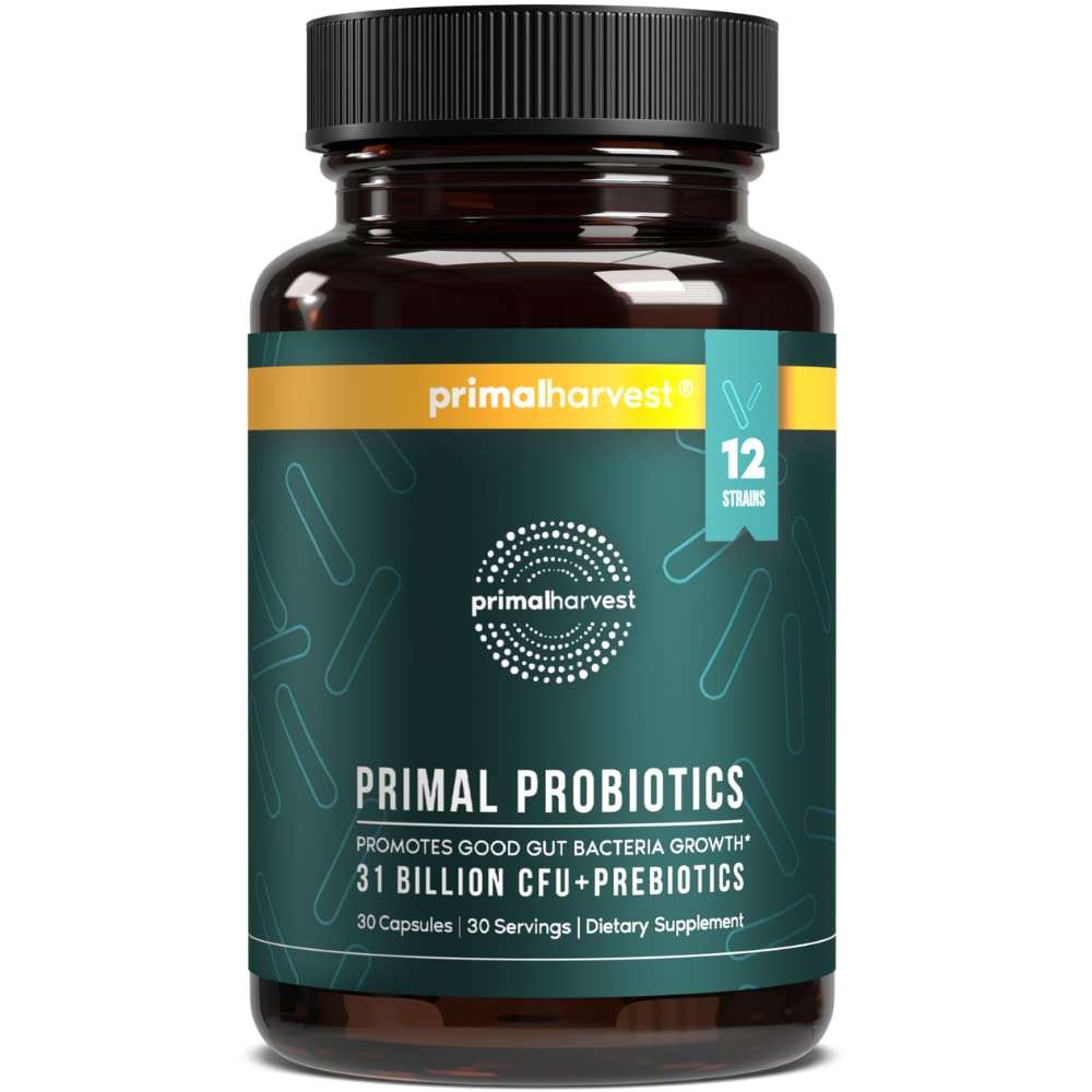 Primal Harvest probiotic supplement with 12 strains in a bottle, designed for daily digestive health support.