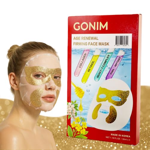 GONIM Korean Firming Face Mask, Anti Aging Mask with Integrated Eye Patches – Dye Free, Paraben Free, Sulfate Free, 4 Co