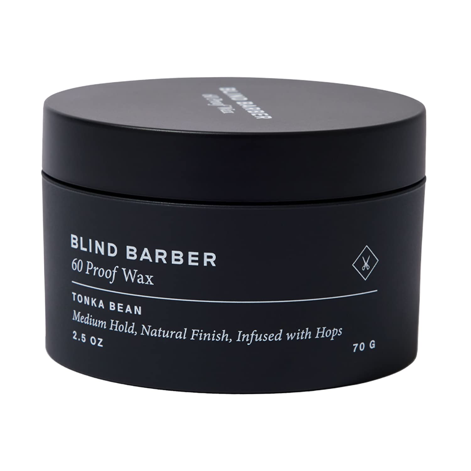 Blind Barber 60 Proof Hair Wax for Men, water-based styling wax with shine, volumizing hops, and tonka bean scent in 2.5 oz jar.