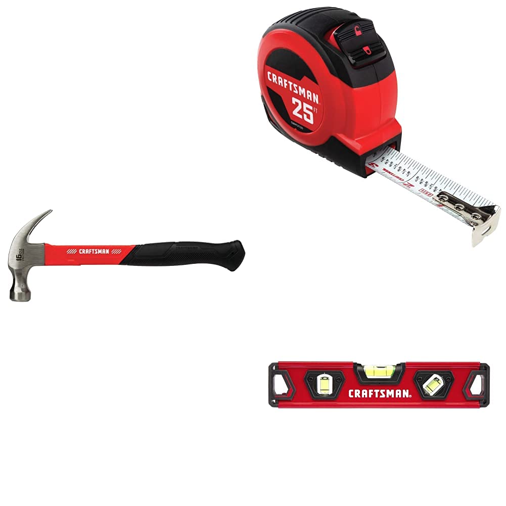 CRAFTSMAN Hammer, Fiberglass, 16 oz. with Tape Measure, Self-Lock, 25-Foot and Torpedo Level, 9-Inch (CMHT51398, CMHT372