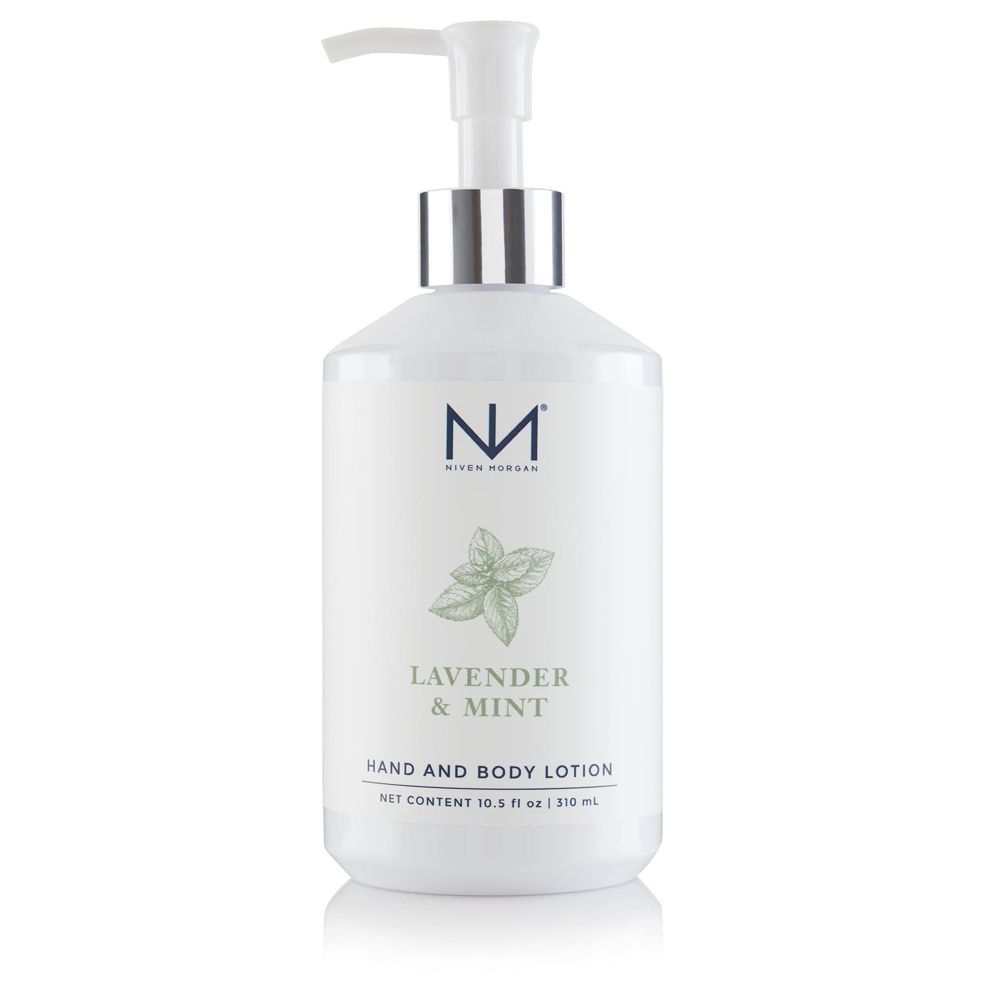 Niven Morgan Lavender & Mint Hand and Body Lotion in a 10.5oz bottle, moisturizing skin with a soothing lavender and mint scent.
