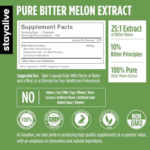 STAY ALIVE Extra Strength Bitter Melon Capsules, 10% Bitter - Product Imagery