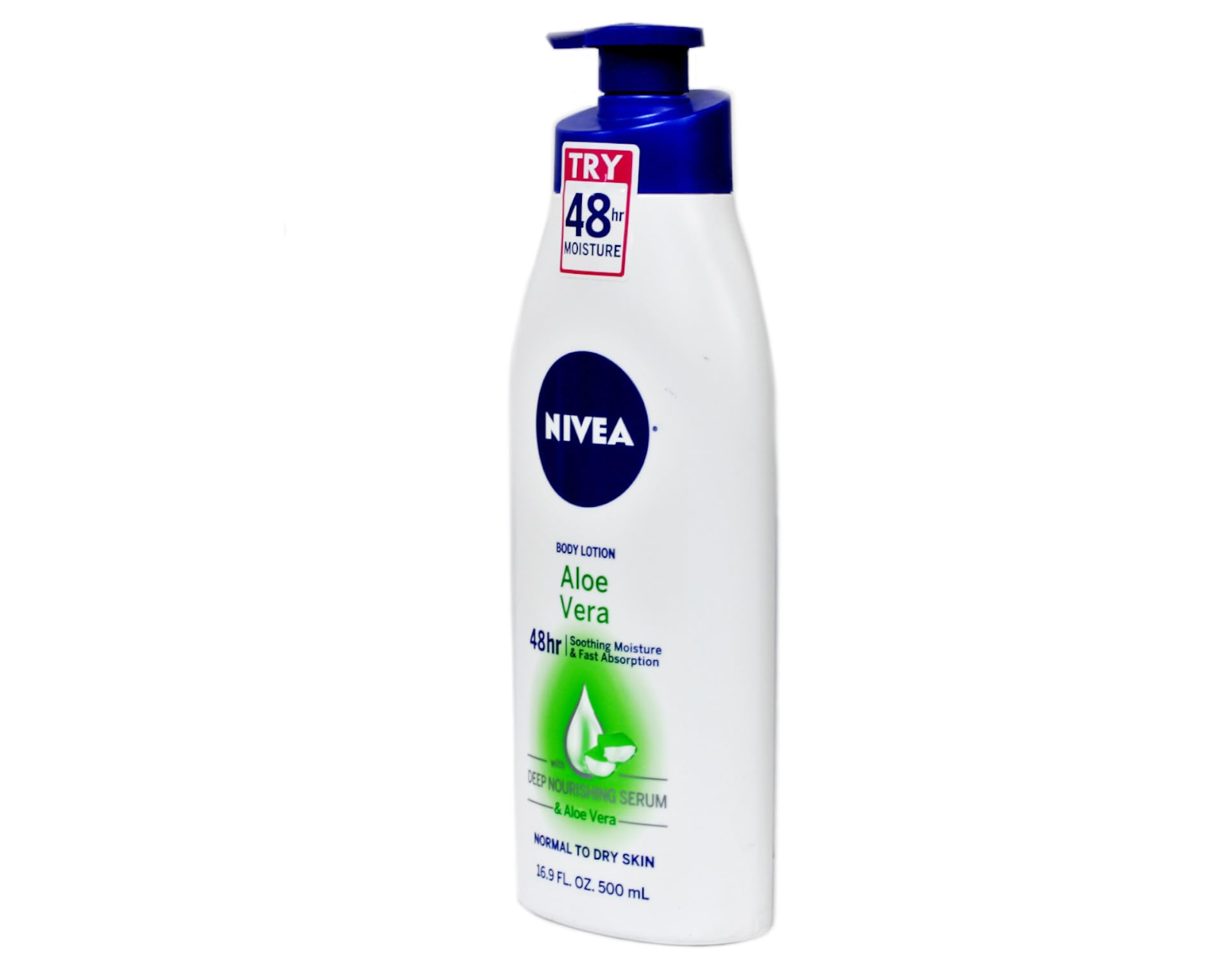 NIVEA Aloe Vera Body Lotion in pump bottle, 16.9 oz, providing 48-hour moisture and skin hydration.