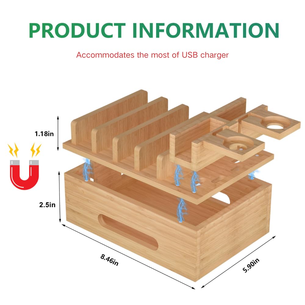 Deefielly Bamboo Charging Station for Multiple Devices, Multi-Port USB Charger Organizer Stand for Phone, Earphone, Smar
