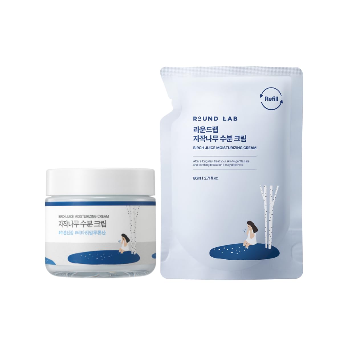 ROUND LAB Birch Juice Moisturizing Cream refill set with two 2.7 fl oz jars, showcasing the skincare product for hydration.
