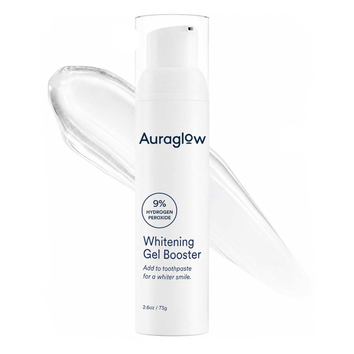 AuraGlow 9% hydrogen peroxide whitening gel booster for teeth, shown in a clear syringe applicator, ideal for at-home teeth whitening.