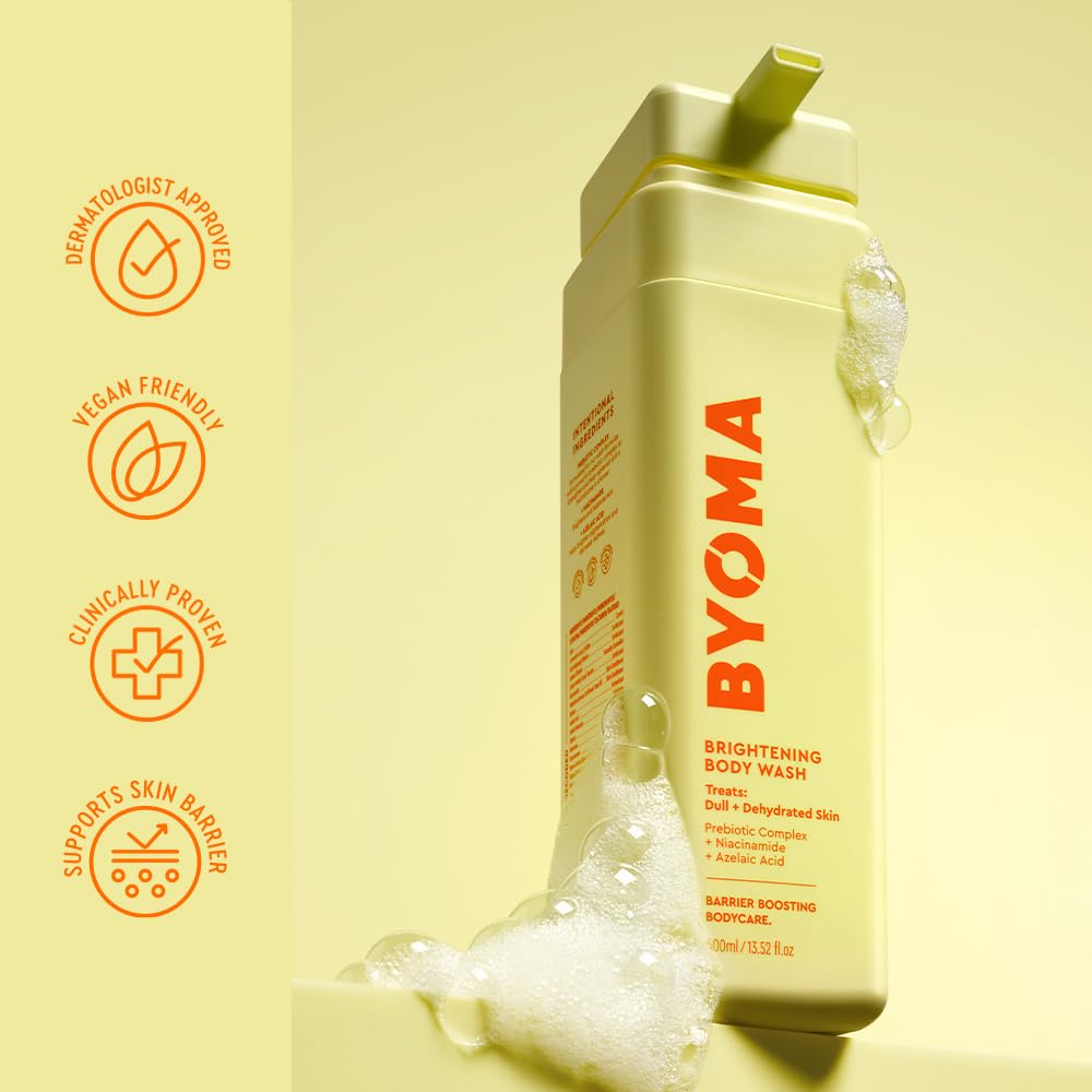 BYOMA Brightening Body Wash in a pump bottle, showing the clear liquid and label with brand name and product details.