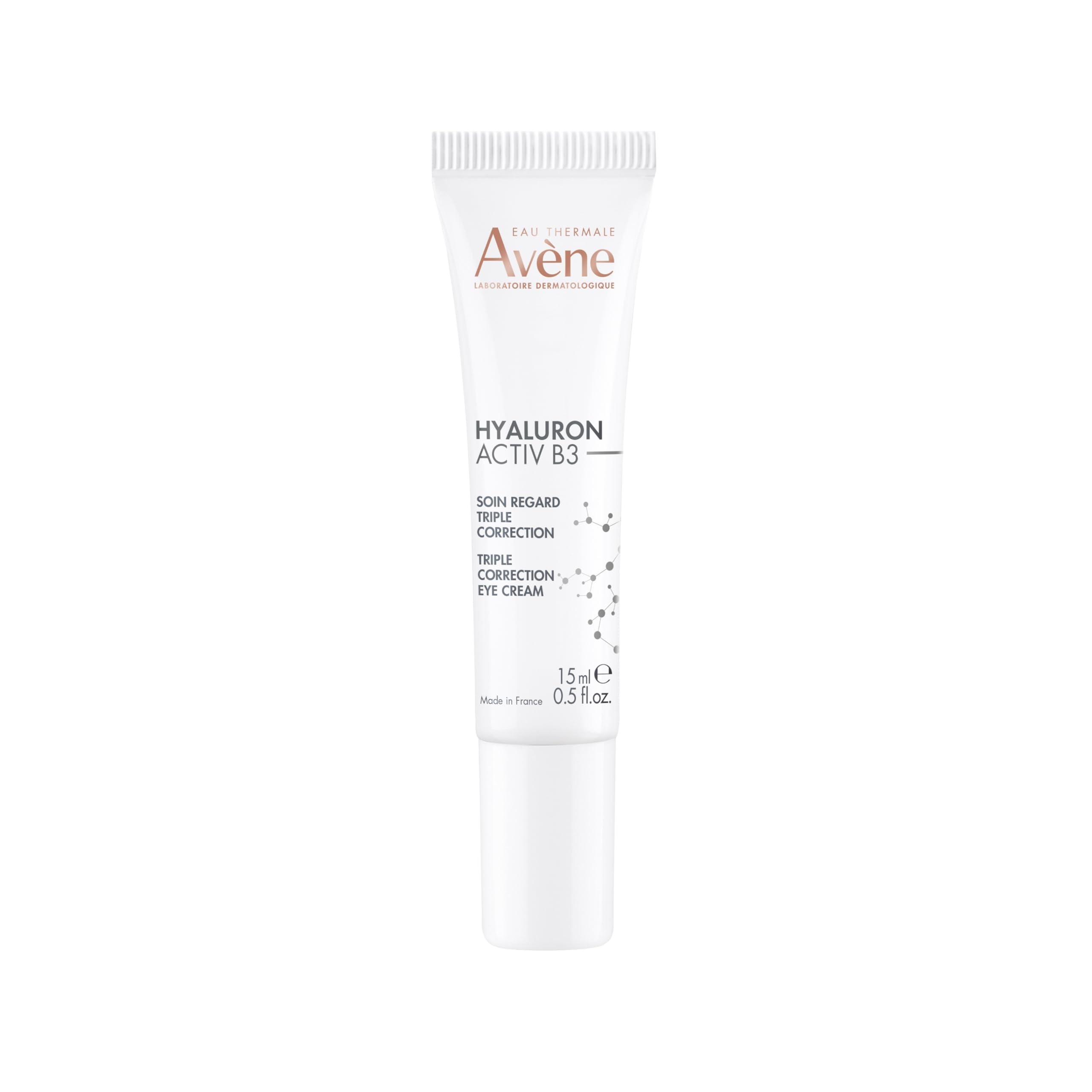 Avène Hyaluron Activ B3 eye cream in a 1 fl oz jar, moisturizing and reducing puffiness around the eyes with a soothing formula.