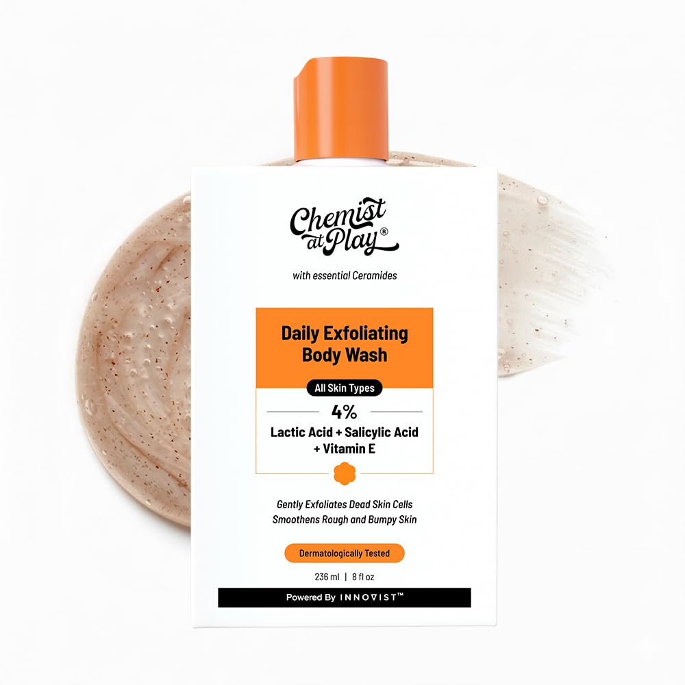 Chemist at Play exfoliating body wash with salicylic and lactic acid, shown in a clear bottle with a white pump top.