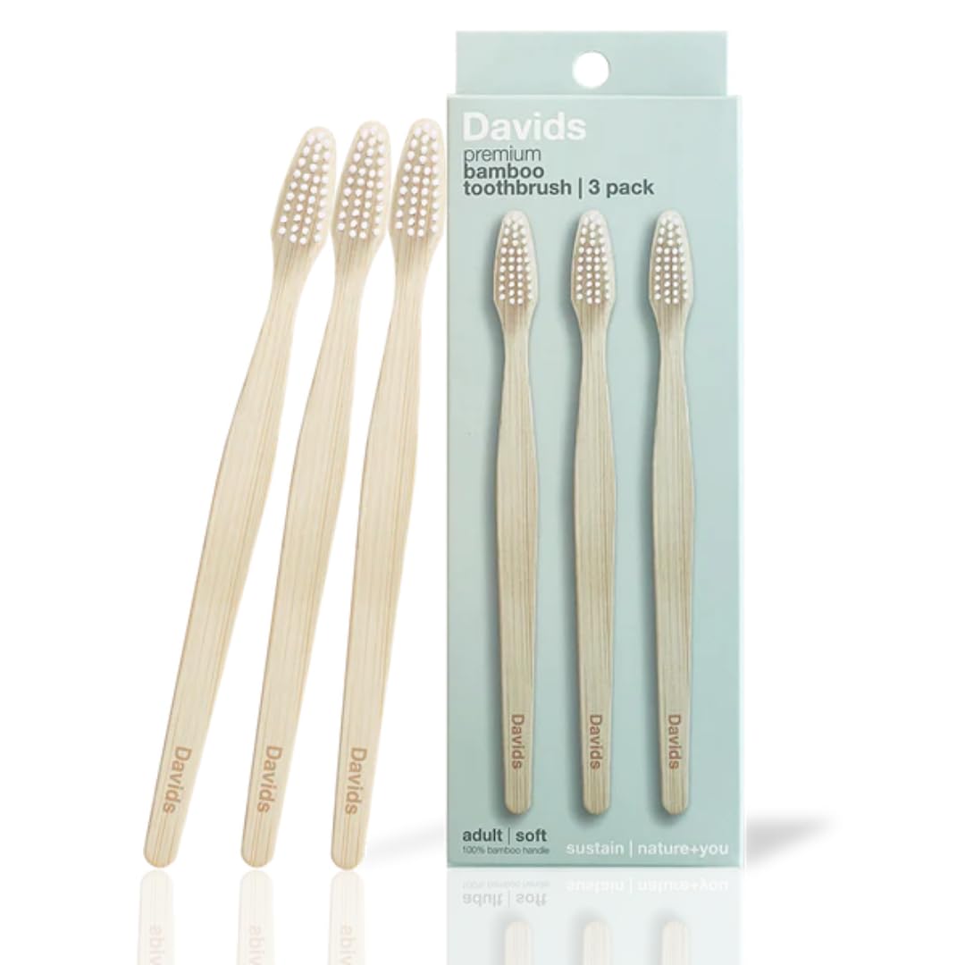 Davids bamboo toothbrush soft BPA-free 3 pack with natural bamboo handles and white bristles, eco-friendly oral hygiene tools
