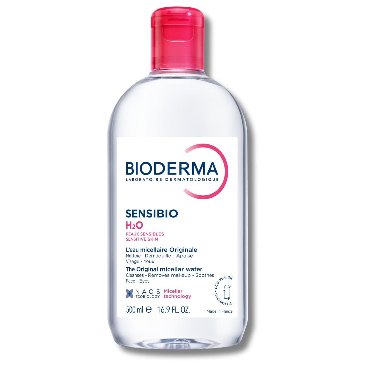 Bioderma Sensibio H2O Micellar Water cleanser in a clear bottle, suitable for sensitive skin, used for makeup removal and skin cleansing