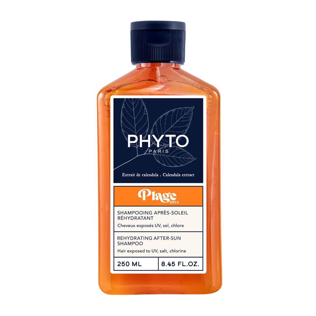 PHYTO Plage After-Sun Rehydrating Shampoo with calendula extract, sulfate-free, silicone-free, designed to remove salt, sand, chlorine.