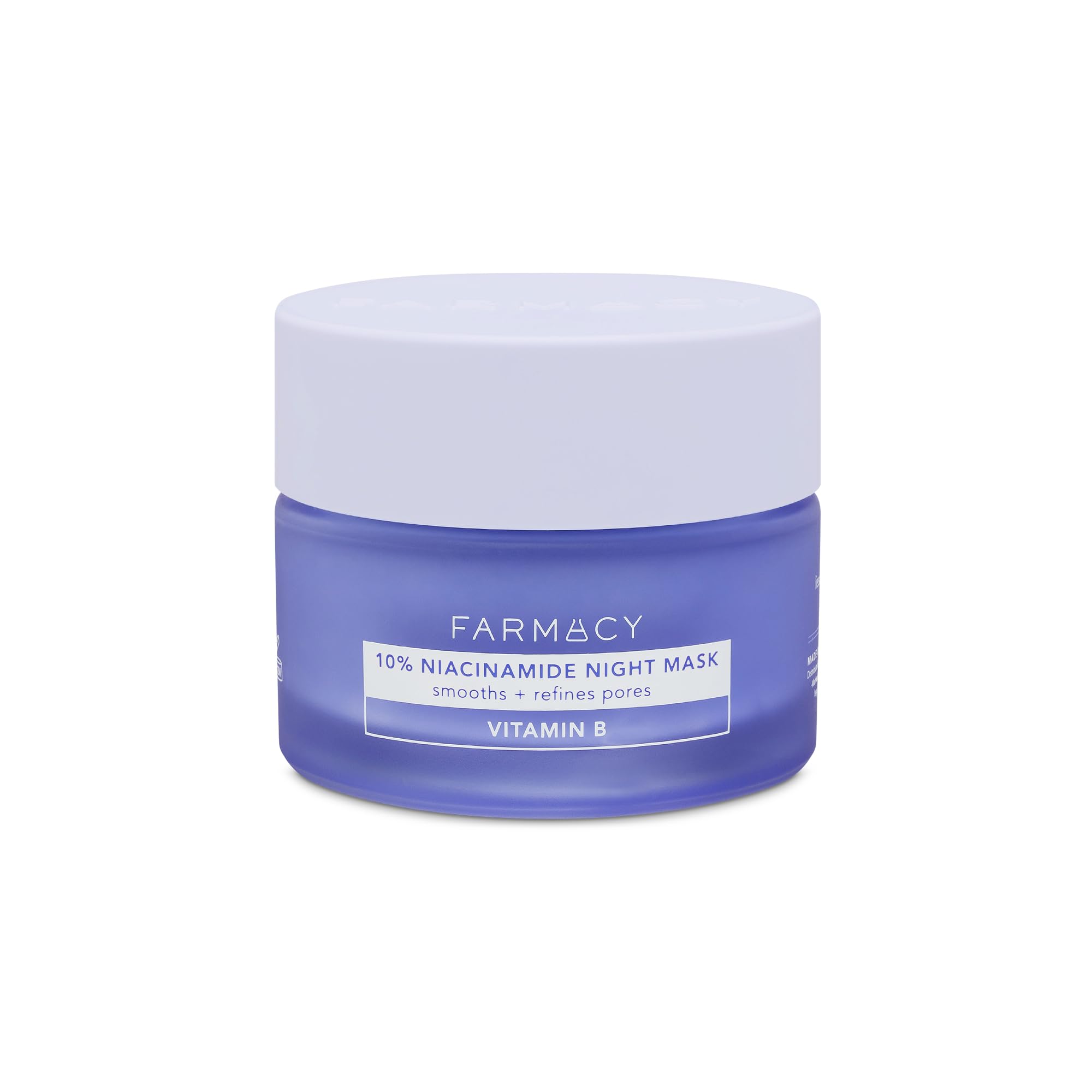 Farmacy Niacinamide Overnight Face Mask in a 50ml jar, showing the skincare product with blue and white packaging and a spatula.
