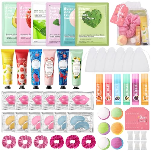 Jutqut 60PCS Spa Party Supplies for Girls, Include Facial Masks, Lip Mask, Under Eye Patches, Lip Balm, Foot Bath Bombs,