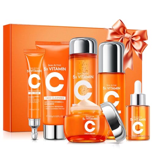 KIUORET Vitamin C Skin Care Set for Women - 6PCS Skincare Gift Set With Facial Cleanser, Toner, Eye Cream, Serum, Lotion