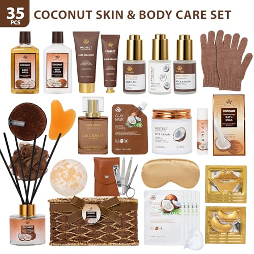 35 Pcs Coconut Vanilla Spa Gift Basket for Women & Men, Face - Product Imagery
