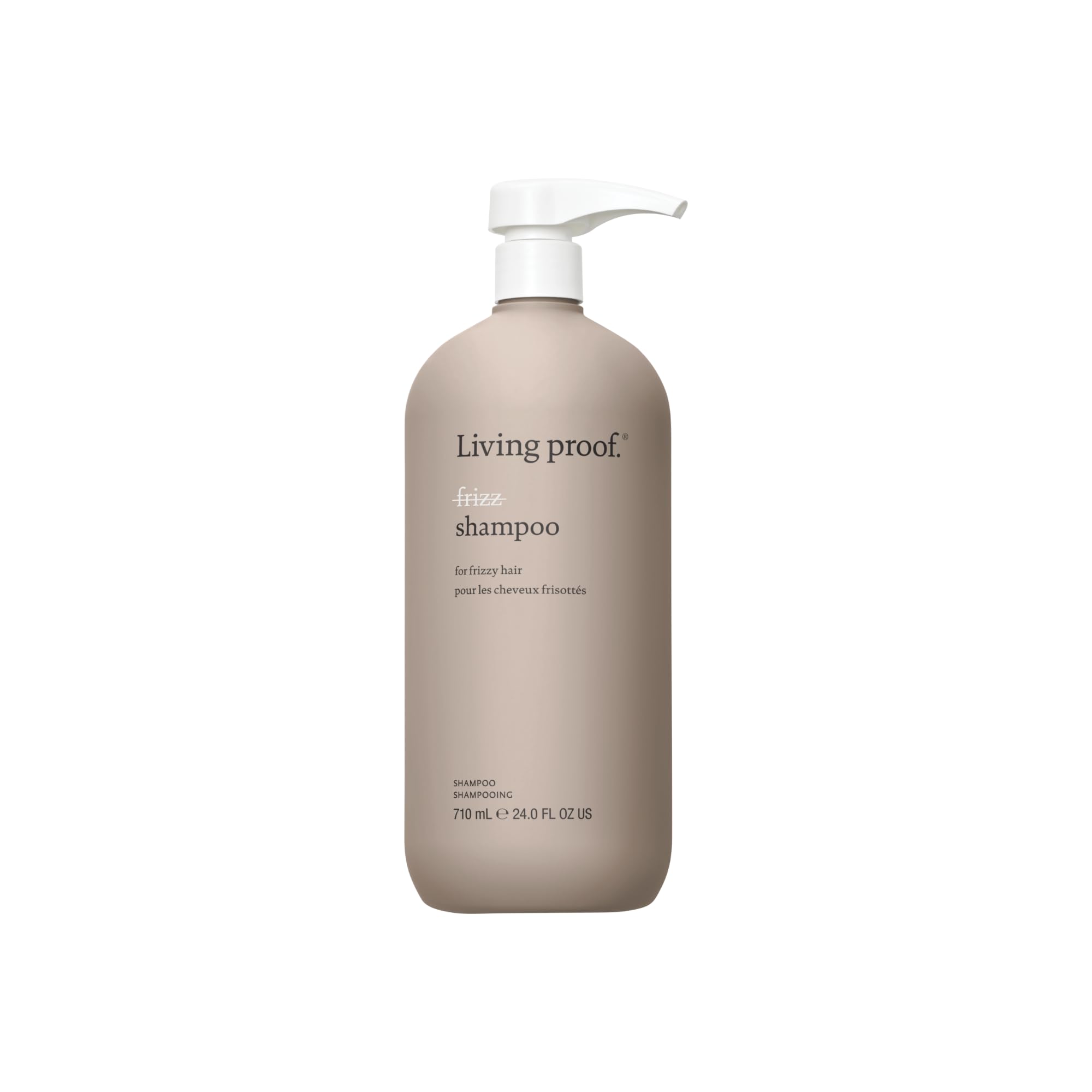 Living Proof No Frizz Shampoo for all hair types in a 24 oz bottle, showcasing the sleek, clear bottle with shampoo inside.