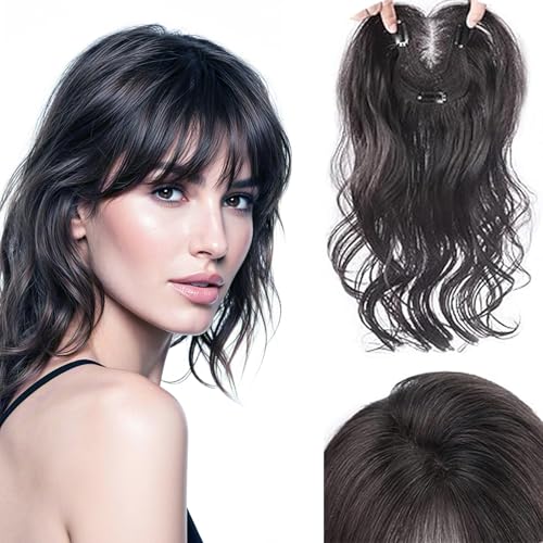 EREE HAIR 18" Invisible Natural Wavy Hair Topper with Curtain Bangs Forehead Invisible Top Hairpiece Free Part Clip 
