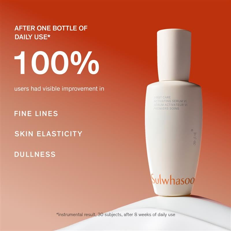 Sulwhasoo First Care Activating Serum with ginseng in a glass bottle, showcasing the luxurious Korean anti-aging hydrating face serum.