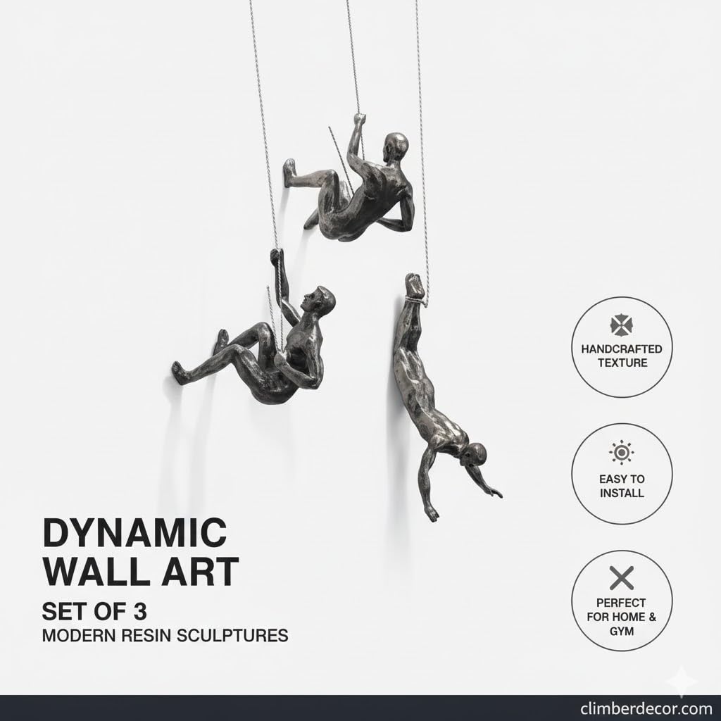 NestVogue Set of 3 Climbing Man Wall Sculpture - 3D Industrial Mountaineering Statue, Modern Abstract Rock Climber Wall 