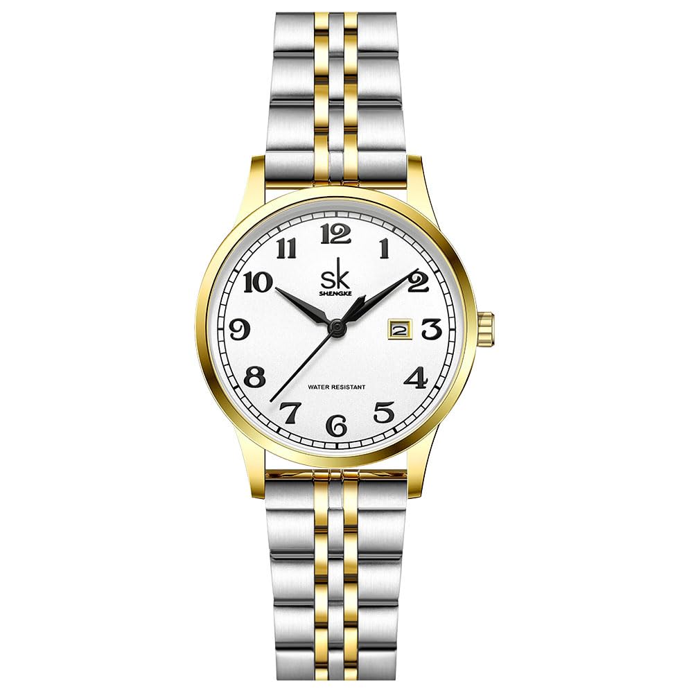 SHENGKE SK Classic Business Women Watches with Stainless Steel Band and Genuine Leather Elegant Ladies Calendar Watch – 
