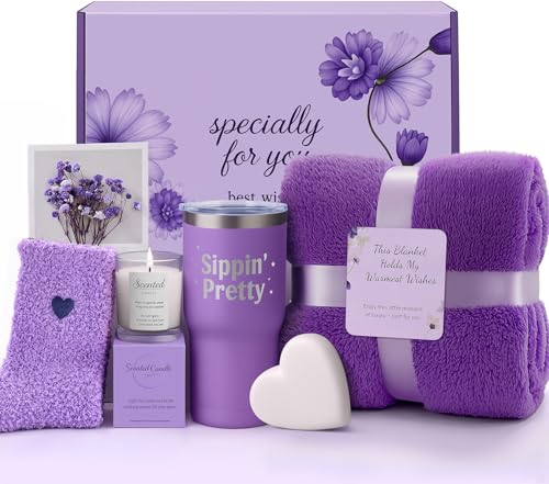 Birthday Gifts for Women Friendship, IZZUBIZ Spa Gift Basket Set with Blanket Candle Tumbler, Self Care Gifts Unique Hap
